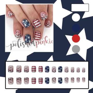NEWSPIED 4th of July Press on Nails Short Square Independence Day Fake Nails with Glitter Sequin Star Stripe Design Acrylic Glue on Nails Star False Nails for Women 4th of July Nails DIY 24Pcs