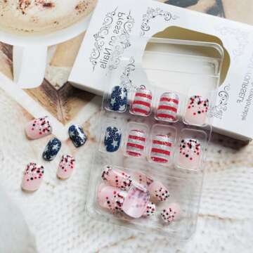 NEWSPIED 4th of July Press on Nails Short Square Independence Day Fake Nails with Glitter Sequin Star Stripe Design Acrylic Glue on Nails Star False Nails for Women 4th of July Nails DIY 24Pcs