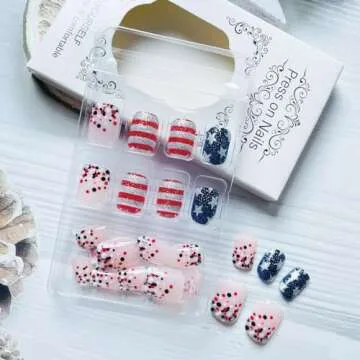NEWSPIED 4th of July Press on Nails Short Square Independence Day Fake Nails with Glitter Sequin Star Stripe Design Acrylic Glue on Nails Star False Nails for Women 4th of July Nails DIY 24Pcs