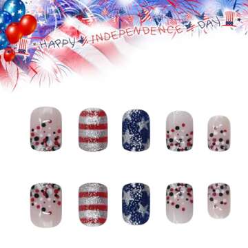 NEWSPIED 4th of July Press on Nails Short Square Independence Day Fake Nails with Glitter Sequin Star Stripe Design Acrylic Glue on Nails Star False Nails for Women 4th of July Nails DIY 24Pcs