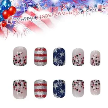 NEWSPIED 4th of July Press on Nails Short Square Independence Day Fake Nails with Glitter Sequin Star Stripe Design Acrylic Glue on Nails Star False Nails for Women 4th of July Nails DIY 24Pcs