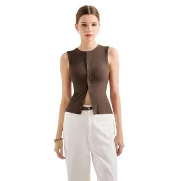 SUUKSESS Women Button Down Going Out Trendy Tops Ribbed Sexy Vest Y2K Tank Tops (Brown, XS)