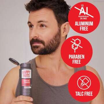 HAPPY NUTS Comfort Powder - Anti Chafing & Deodorant, Aluminum-Free, Sweat and Odor Control for Jock Itch, Groin and Men's Private Parts (4 Ounce (Pack of 1), Original)