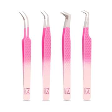 M LASH Tweezers for Eyelash Extensions (Set of 4) - Professional Lash Extension Tweezers - Fiber Tip, Japanese Steel, Diamond Grip Eyelash Extension Tweezer (Ombre)