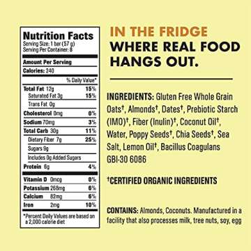 CORE Foods Organic Overnight Oat Bar + Probiotics, Gluten Free, non-GMO, Vegan, Kosher, Prebiotics, Lemon Poppy Seed, 2 oz, 16 Refrigerated Bars