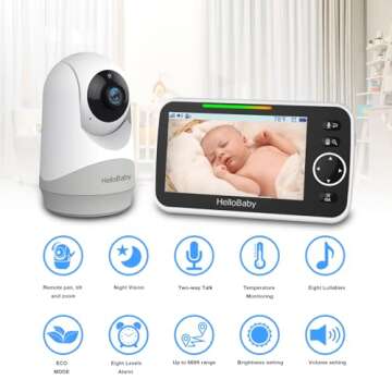 HelloBaby Monitor with Camera and Audio, 5'' Screen with 16-Hour Video Streaming, Remote Pan-Tilt-Zo...