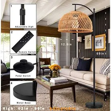 QIYIZM Rattan Floor Lamp for Adjustable Boho Lighting