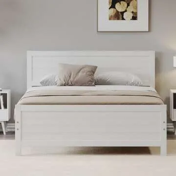 Dolonm Full Bed Frame, Wood Platform Bed Frame Full Size, Bedframe Full with Headboard, Farmhouse Full Size Bed Frame, 8 Wood Slat Support, No Box Spring Needed, White