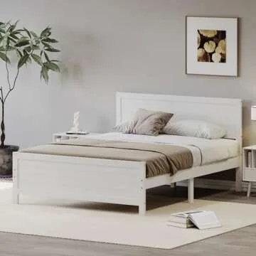 Dolonm Full Bed Frame, Wood Platform Bed Frame Full Size, Bedframe Full with Headboard, Farmhouse Full Size Bed Frame, 8 Wood Slat Support, No Box Spring Needed, White