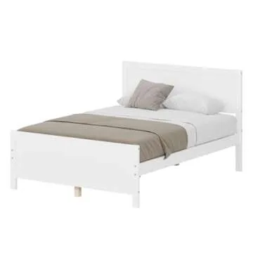 Dolonm Full Bed Frame, Wood Platform Bed Frame Full Size, Bedframe Full with Headboard, Farmhouse Full Size Bed Frame, 8 Wood Slat Support, No Box Spring Needed, White