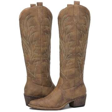 GLOBALWIN Women's Camel Cowboy Boots for Women Embroidered Knee High Boots The Western Cowgirl Boots...
