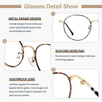 Cyxus Blue Light Glasses Round Frame UV Blocking Computer Glasses Clear Lens Tortoise Metal Eyewear Ultra Light Relieve Digital Screen Eye Strain, Headache