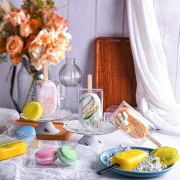 Geiserailie 200 Pcs Ice Cream Box Kit Including 50 Pcs Pet Clear Cakesicle Boxes and 100 Pieces Cakesicle Sticks 3.7 x 2.2 x 1.5 Inch Ice Lolly Box for Birthday Party Baby Shower Wedding