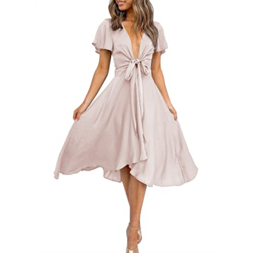 Miduo Women's Ruffle Sleeve V Neck Satin Midi Dress for Weddings and Special Occasions