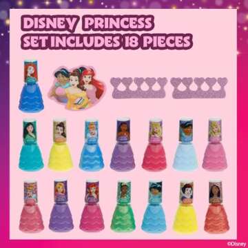 Disney Princess 15 Piece Water-Based Nail Polish with 3 Toe Spacers, Quick Dry, Peel Off, Gift Kit S...