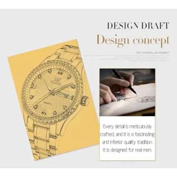 OLEVS Gold Watches for Men Diamond Luxury Wrist Watch Valentines Gifts Set Waterproof Stainless Steel Big Face Luminous Classic Casual Dress Day Date Calendar Analog Quartz Watch for Young Male