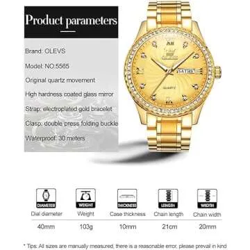 OLEVS Gold Watches for Men Diamond Luxury Wrist Watch Valentines Gifts Set Waterproof Stainless Steel Big Face Luminous Classic Casual Dress Day Date Calendar Analog Quartz Watch for Young Male
