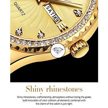 OLEVS Gold Watches for Men Diamond Luxury Wrist Watch Valentines Gifts Set Waterproof Stainless Steel Big Face Luminous Classic Casual Dress Day Date Calendar Analog Quartz Watch for Young Male