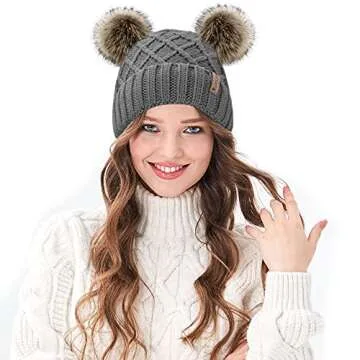 Arctic Paw Beanie for Women Winter Fleece Lined Pom Pom Beanie Hat Grey Hat Coffee Ball