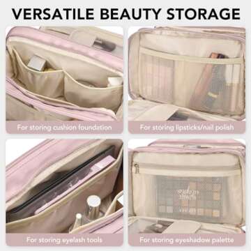 Travel Makeup Bag Women's Large Capacity Cosmetic Portable Organizer Large Opening Waterproof Storage Toiletry Bags Vertical Free-Standing Brush Holder for Easy Access Pink