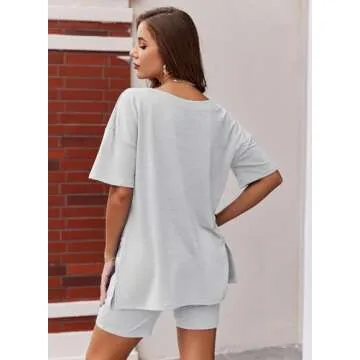 Ekouaer Womens Pajamas 2 Piece Lounge Sets Oversized V Neck T-Shirts Tops Biker Shorts Set Workout Reversible Tracksuit Light Grey, Small