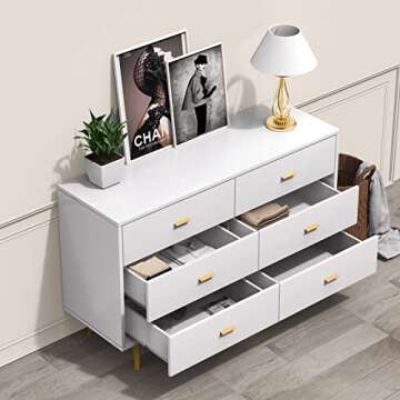 JOZZBY White Dresser: Modern 6 Drawer Storage Solution
