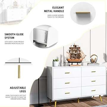 JOZZBY White Dresser: Modern 6 Drawer Storage Solution