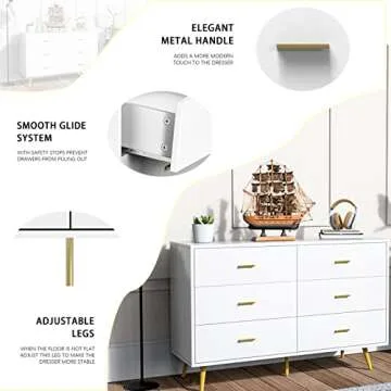 JOZZBY White Dresser: Modern 6 Drawer Storage Solution
