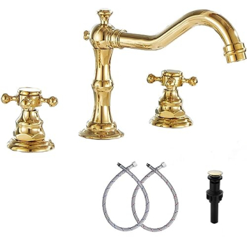 GGStudy Elegant Gold Two Handle Widespread Bathroom Sink Faucet with Matching Drain