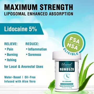 Ebanel 5% Lidocaine Numbing Cream for Pain Relief and Hemorrhoid Treatment, Maximum Strength Topical...