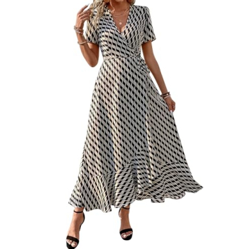 PRETTYGARDEN Women's Summer Wrap Maxi Dress Casual Boho Floral V Neck Short Sleeve Ruffle Hem Split ...