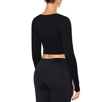 FREEYE Seamless Long Sleeve Workout Crop Top, Thumb Hole Yoga Cropped Tee Shirt Gym Training Running Athletic Teen Girl Trendy Lightweight Stretchy Clothes Active Compression Slim Fit Black Large
