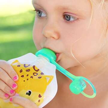 ChooMee SoftSip Food Pouch Top | Baby Led Weaning | No Spill Flow Control Valve, Protects Childs Mouth, 100% Silicone, BPA Free | 2CT Yellow Pink Swirl