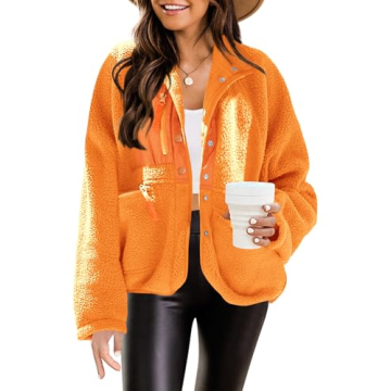 Women's Fleece Sherpa Jacket Cozy Teddy Bear Style Orange