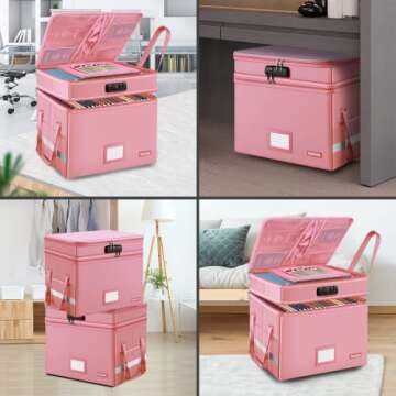 DocSafe File Box with Lock,Multi-Layer Fireproof Document Box Collapsible File Storage Organizer with Pockets/Handle,Large Portable Home Office Filing Box for Hanging Letter/Legal Size Folders,Pink