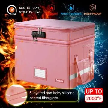 DocSafe File Box with Lock,Multi-Layer Fireproof Document Box Collapsible File Storage Organizer with Pockets/Handle,Large Portable Home Office Filing Box for Hanging Letter/Legal Size Folders,Pink