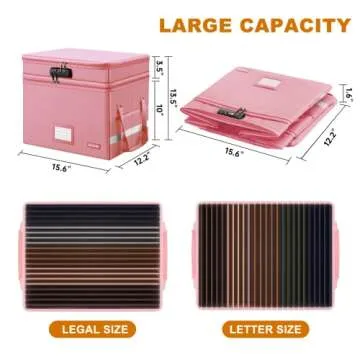 DocSafe File Box with Lock,Multi-Layer Fireproof Document Box Collapsible File Storage Organizer with Pockets/Handle,Large Portable Home Office Filing Box for Hanging Letter/Legal Size Folders,Pink