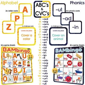 THE BAMBINO TREE Alphabet and Phonics Bingo - ABC Learning Letter Recognition and CVC Words with Pictures - Phonics Games for Kids Ages 3-6 yrs Preschool Kindergarten