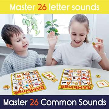 THE BAMBINO TREE Alphabet and Phonics Bingo - ABC Learning Letter Recognition and CVC Words with Pictures - Phonics Games for Kids Ages 3-6 yrs Preschool Kindergarten