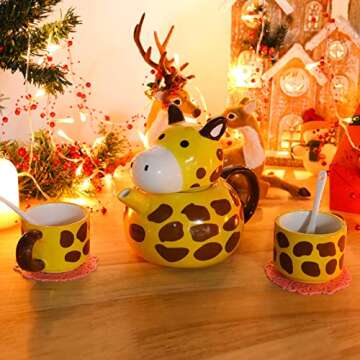 Funny Coffee Mug Set-Kawaii Ceramic Tea Pot with 2 Tea Cups Set, Cute Cartoon Animal Giraffe Shaped Design Tea Set For Adults & Kids Holiday Office Home Thanksgiving Gift
