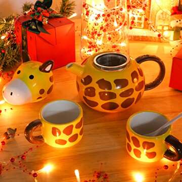 Funny Coffee Mug Set-Kawaii Ceramic Tea Pot with 2 Tea Cups Set, Cute Cartoon Animal Giraffe Shaped Design Tea Set For Adults & Kids Holiday Office Home Thanksgiving Gift