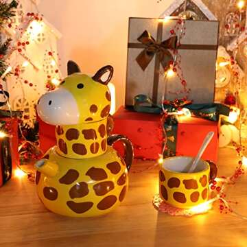 Funny Coffee Mug Set-Kawaii Ceramic Tea Pot with 2 Tea Cups Set, Cute Cartoon Animal Giraffe Shaped Design Tea Set For Adults & Kids Holiday Office Home Thanksgiving Gift