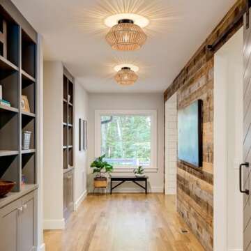 WOKNOS Rattan Semi Flush Mount Ceiling Light, Black Rope Cage Boho Light Fixture, Farmhouse Mini Ceiling Lamp for Bedroom, Hallway, Entryway, Kitchen