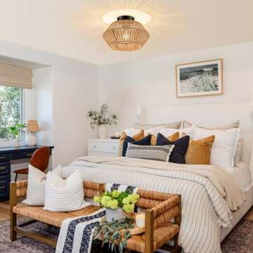 WOKNOS Rattan Semi Flush Mount Ceiling Light, Black Rope Cage Boho Light Fixture, Farmhouse Mini Ceiling Lamp for Bedroom, Hallway, Entryway, Kitchen