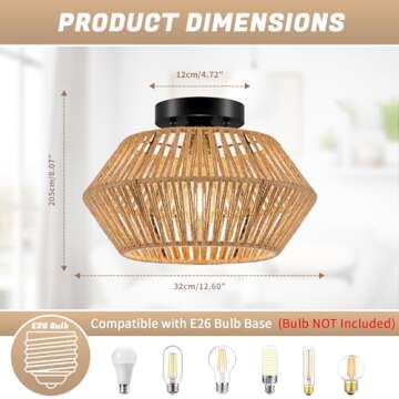 WOKNOS Rattan Semi Flush Mount Ceiling Light, Black Rope Cage Boho Light Fixture, Farmhouse Mini Ceiling Lamp for Bedroom, Hallway, Entryway, Kitchen