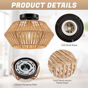 WOKNOS Rattan Semi Flush Mount Ceiling Light, Black Rope Cage Boho Light Fixture, Farmhouse Mini Ceiling Lamp for Bedroom, Hallway, Entryway, Kitchen