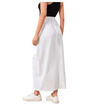 SweatyRocks Women's High Waist Split Thigh Raw Hem Denim Skirt Long Jean Skirt with Pocket White S
