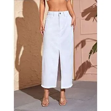 SweatyRocks Women's High Waist Split Thigh Raw Hem Denim Skirt Long Jean Skirt with Pocket White S