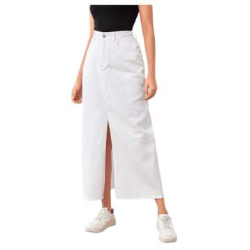 SweatyRocks Women's High Waist Split Thigh Raw Hem Denim Skirt Long Jean Skirt with Pocket White S