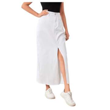 SweatyRocks Women's High Waist Split Thigh Raw Hem Denim Skirt Long Jean Skirt with Pocket White S